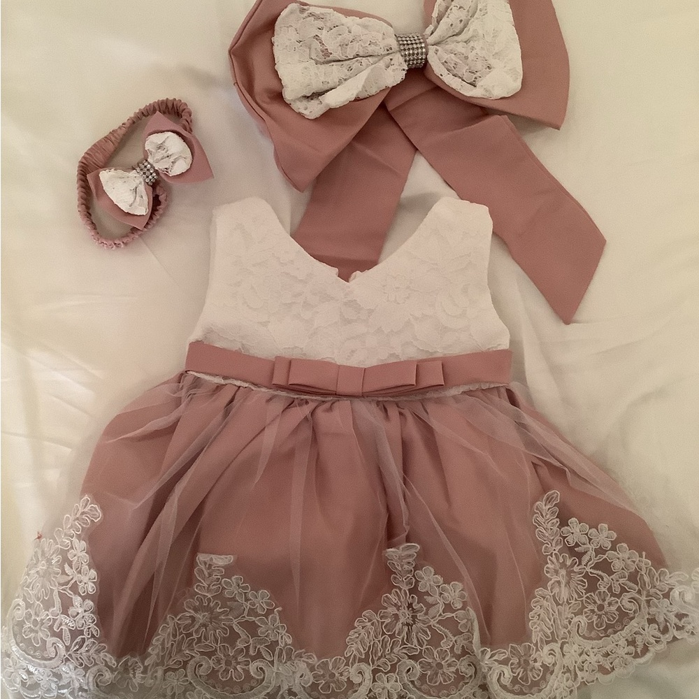 New baby girl pink dress gown with bow tie lacy NWT 6 MONTHS